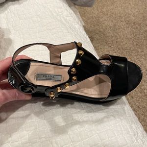 Prada Black Leather T-Strap wedge platformed Studded Slingback Sandals